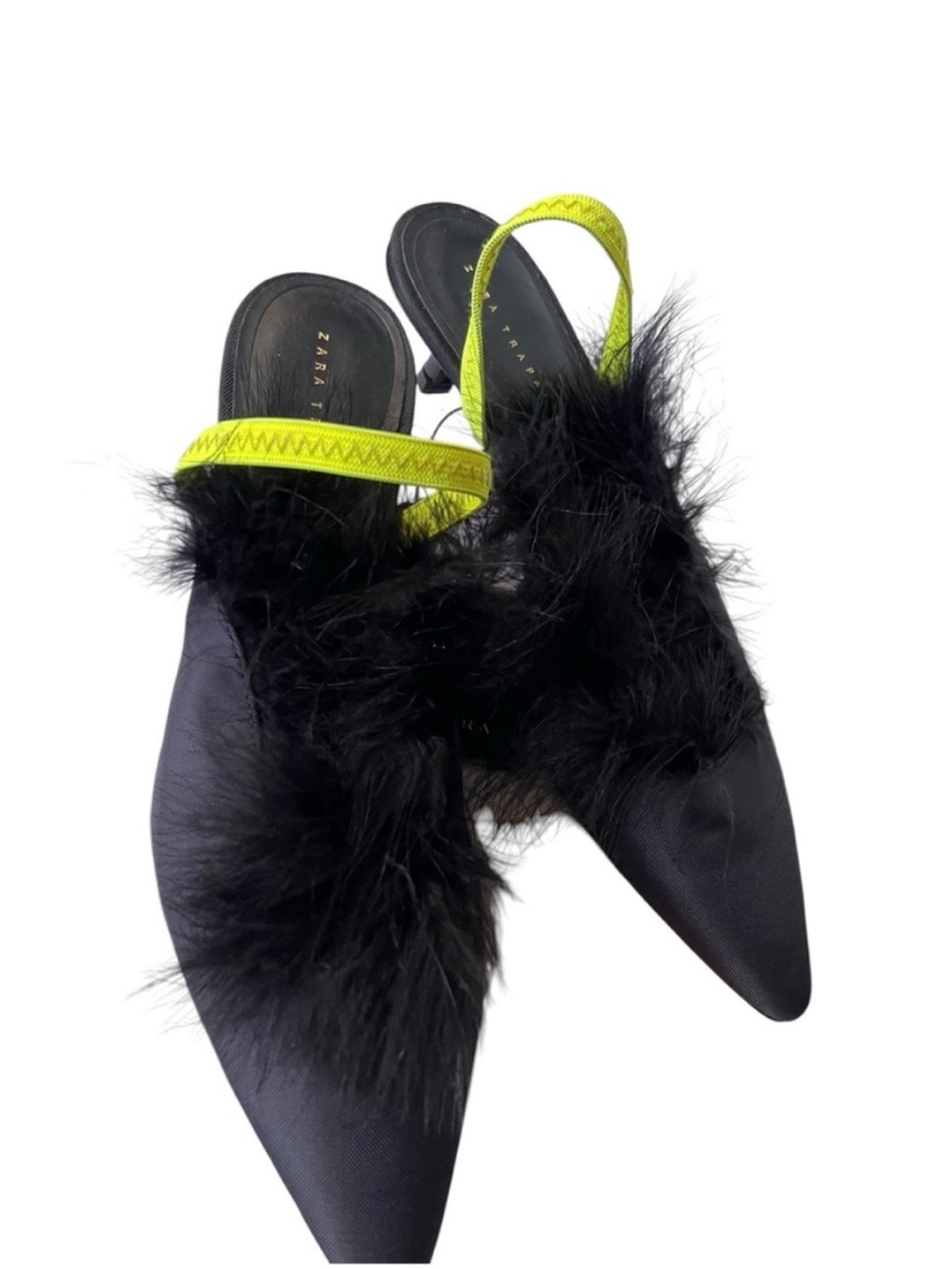 Zara Black Feather Pointed Slingback Mules with Neon Green Strap 38